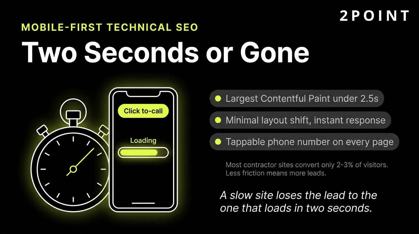 Mobile-first technical SEO for home service websites: fast-loading pages, click-to-call buttons, and Core Web Vitals optimization.