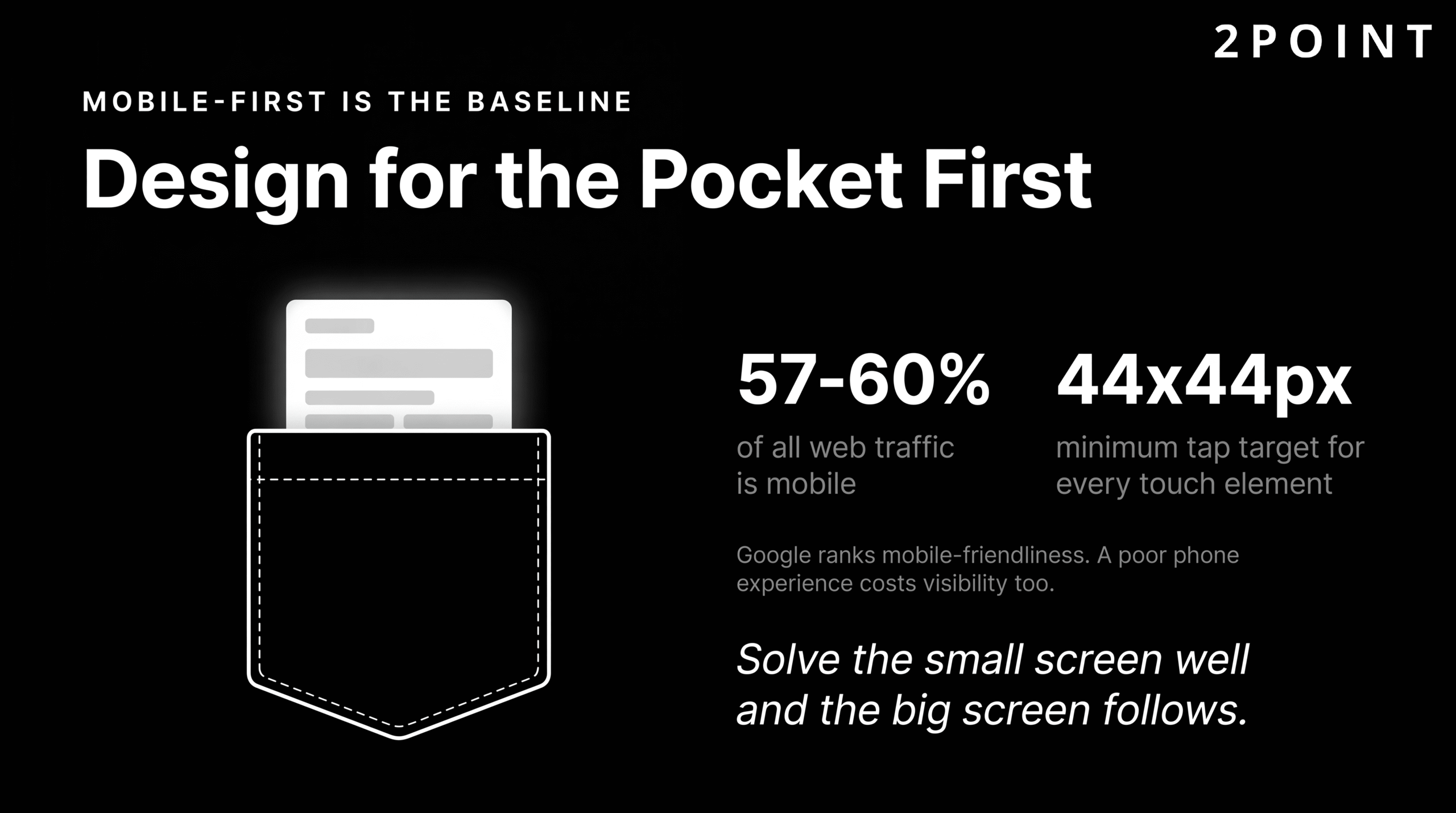 Mobile-first web design: 57% of traffic on mobile, with a 44 by 44 pixel minimum tap target as the touch standard.