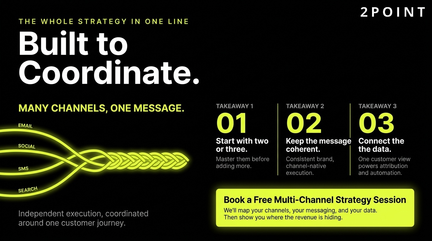 Multi-channel strategy built to coordinate: a closing call to action to ship a measurable, audience-first multi-channel program.