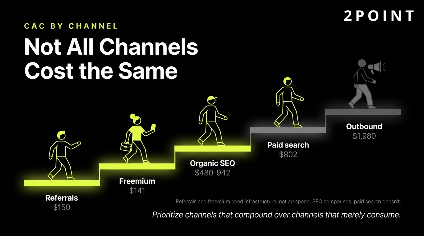 SaaS acquisition channel CAC benchmarks: not all channels cost the same, from $150 referrals to nearly $2,000 outbound.