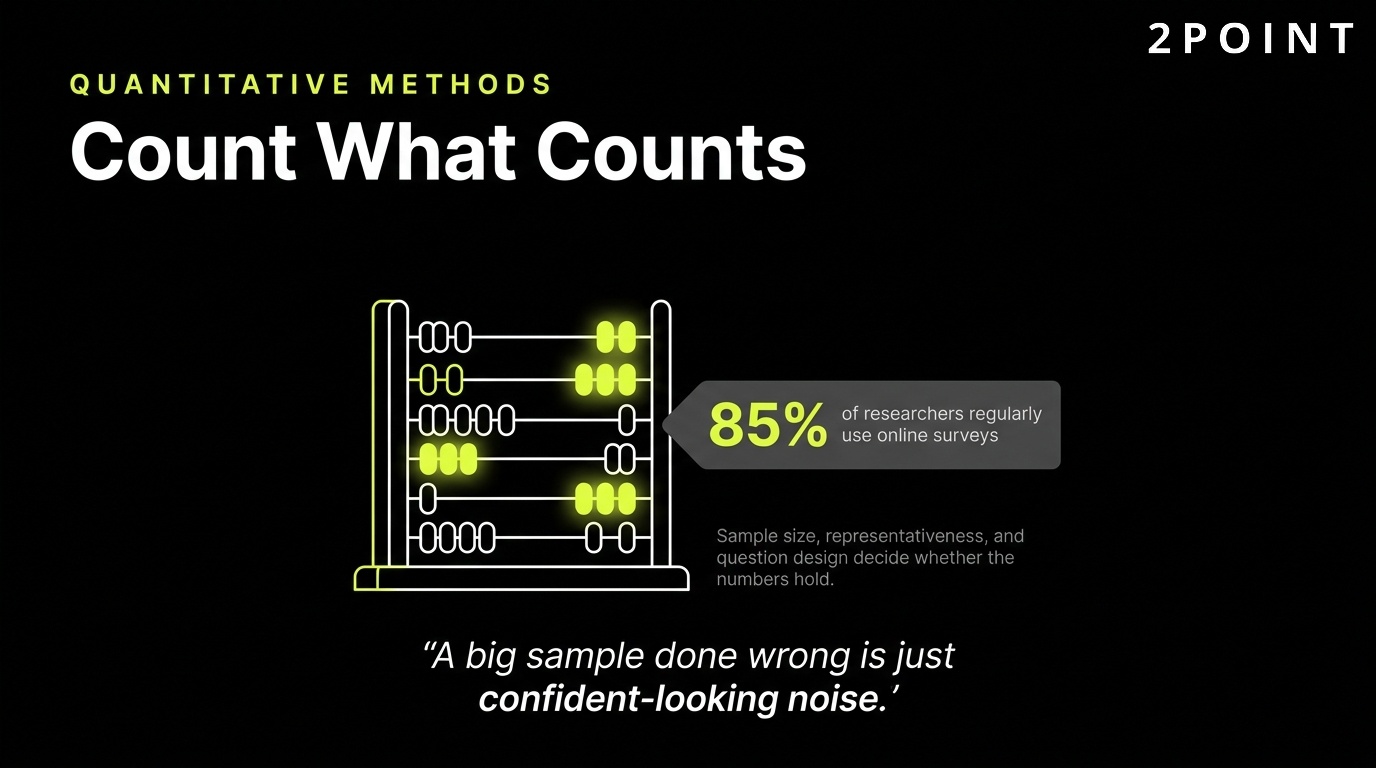Quantitative research methods: 85% of researchers use online surveys to count what counts at statistical scale.