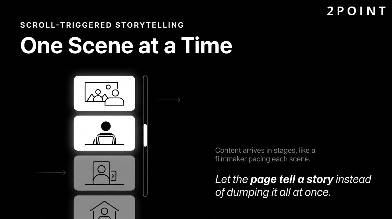 Scroll-triggered storytelling: animations that unfold one scene at a time as the user scrolls down a long-form page.