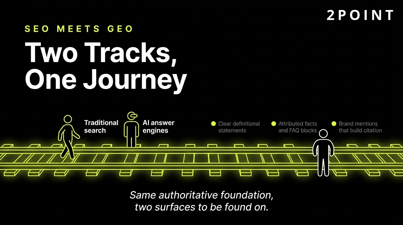 SEO meets GEO: two parallel tracks (Google ranking and AI answer citation) feeding one buyer journey.