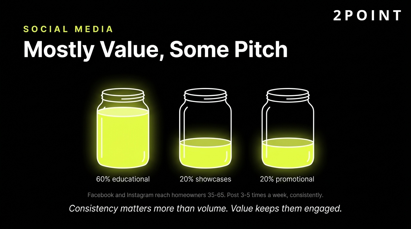 Social media content mix for home service businesses: mostly value-driven posts, with a small share of direct pitch content.