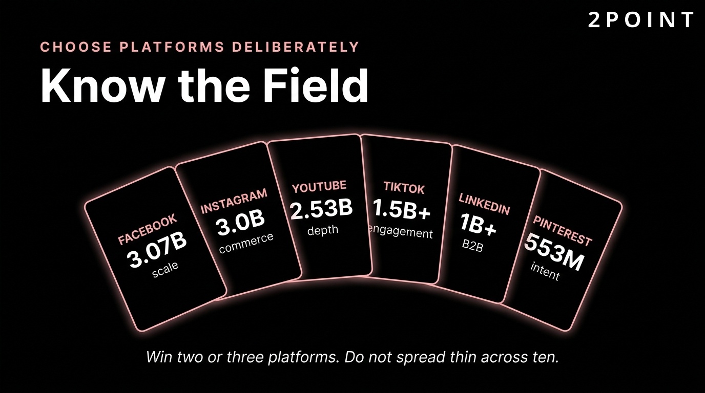 Social platform user base: Facebook, Instagram, YouTube, TikTok, LinkedIn, and Pinterest compared by monthly active users.
