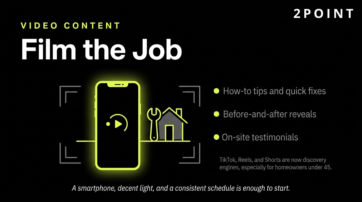 Video content for home service businesses: film the job on site, then turn it into short-form social and YouTube clips.