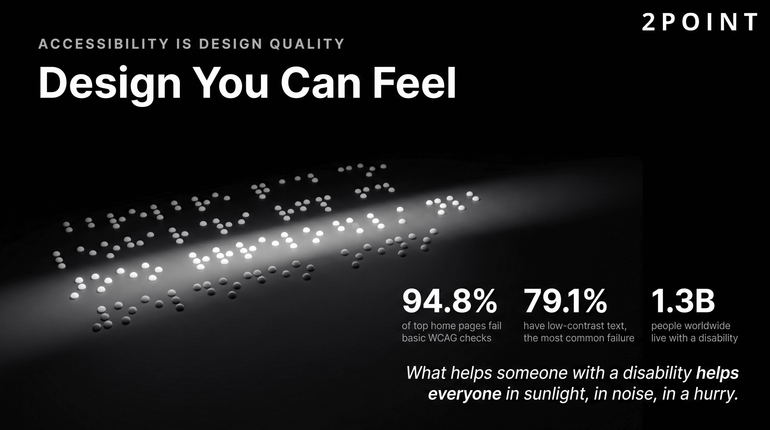 Web accessibility: 94.8% of the top one million home pages contain at least one WCAG 2 A/AA failure.