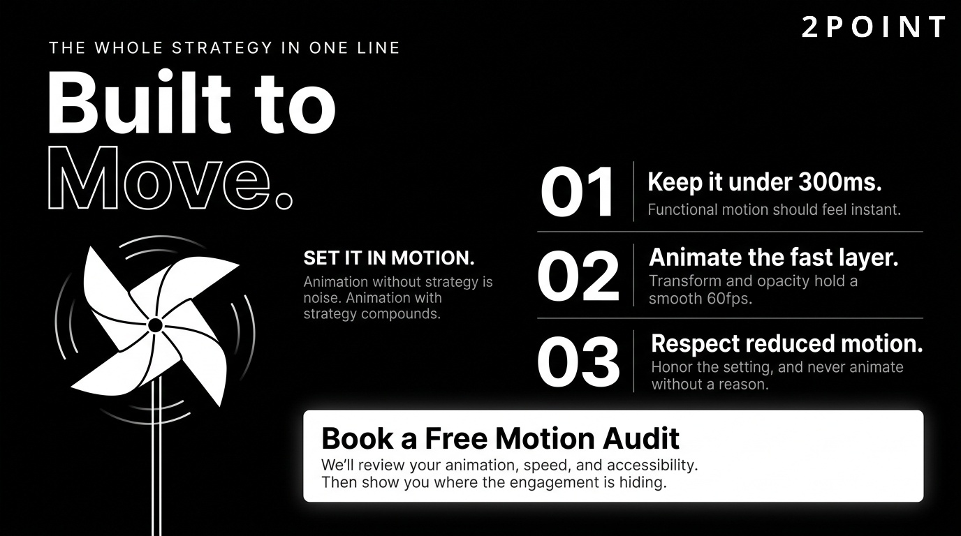 Website animation strategy: a closing call to action to book a motion audit and ship animation that earns its keep.