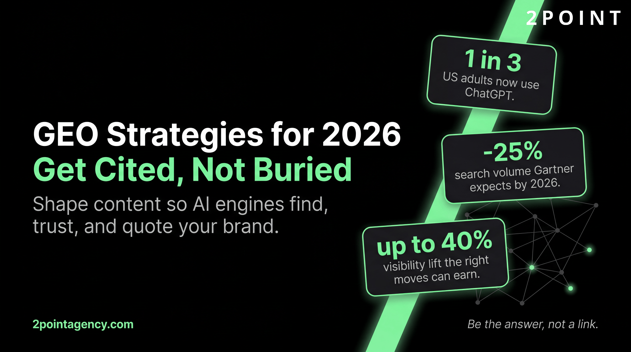 GEO strategies for 2026 hero: get cited, not buried, with 1 in 3 US adults now using ChatGPT, a 25 percent search volume drop expected by 2026, and up to 40 percent visibility lift.