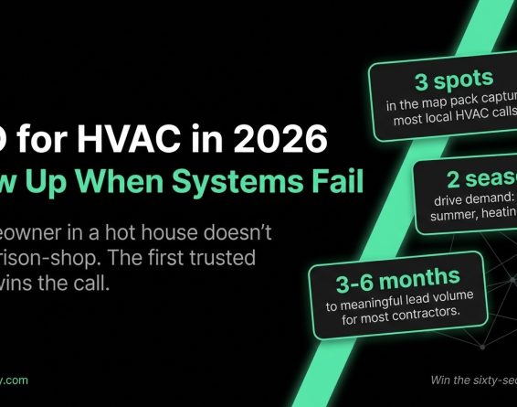 SEO for HVAC in 2026 infographic with stats on map pack, seasons, and lead timelines