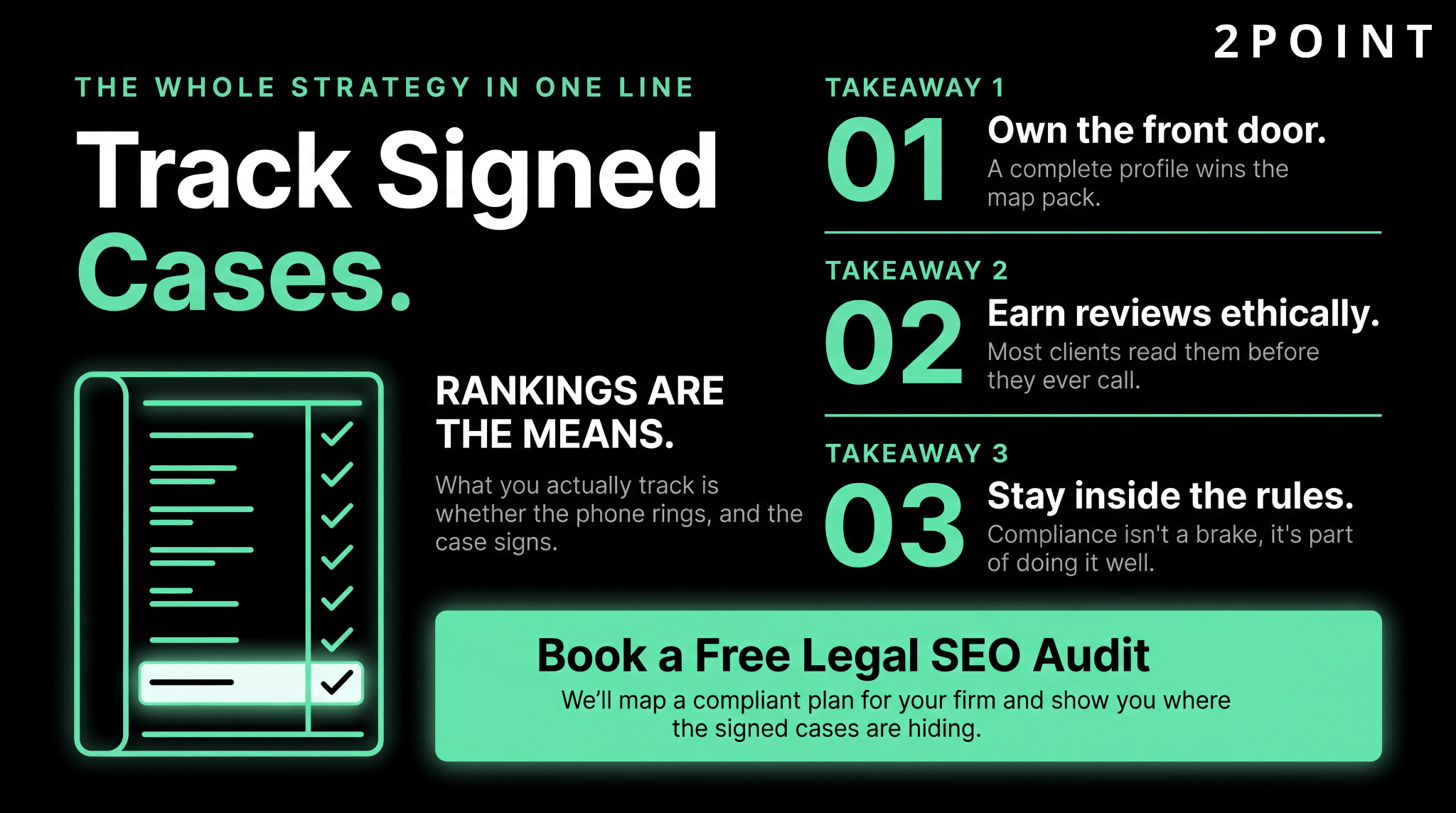 Legal SEO strategy in one line, track signed cases: own the front door, earn reviews ethically, and stay inside the rules, then book a free legal SEO audit.