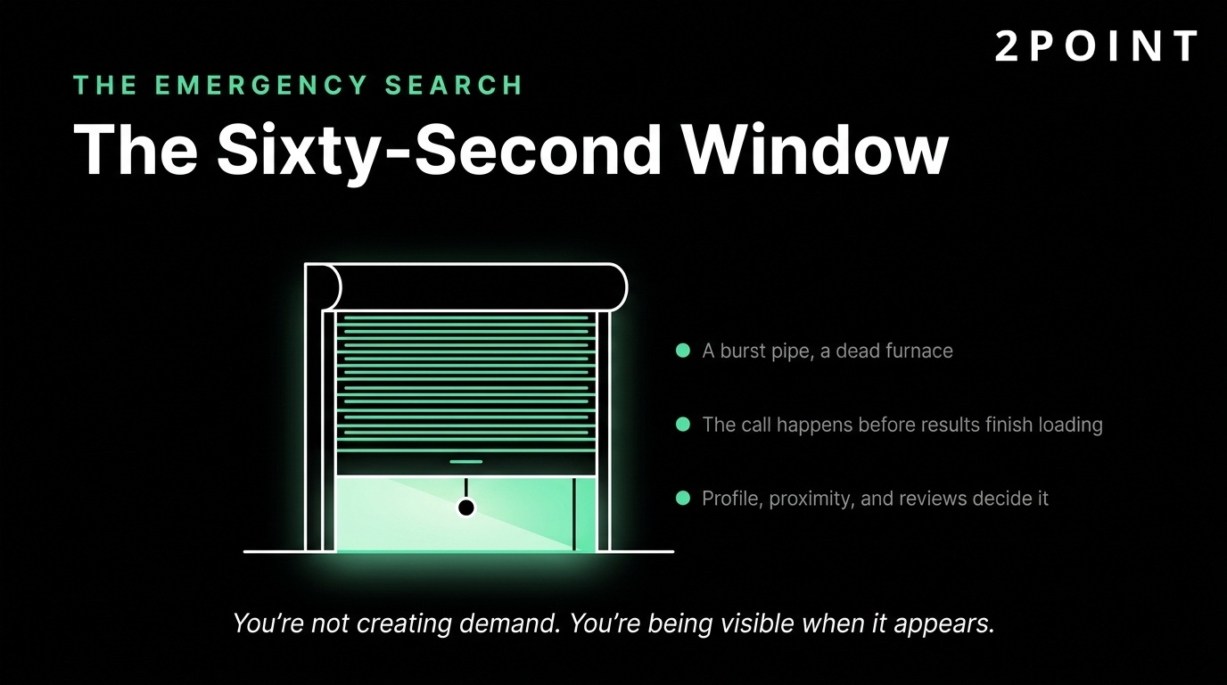 Infographic on the emergency search sixty-second window, showing how profile, proximity, and reviews decide who gets the call