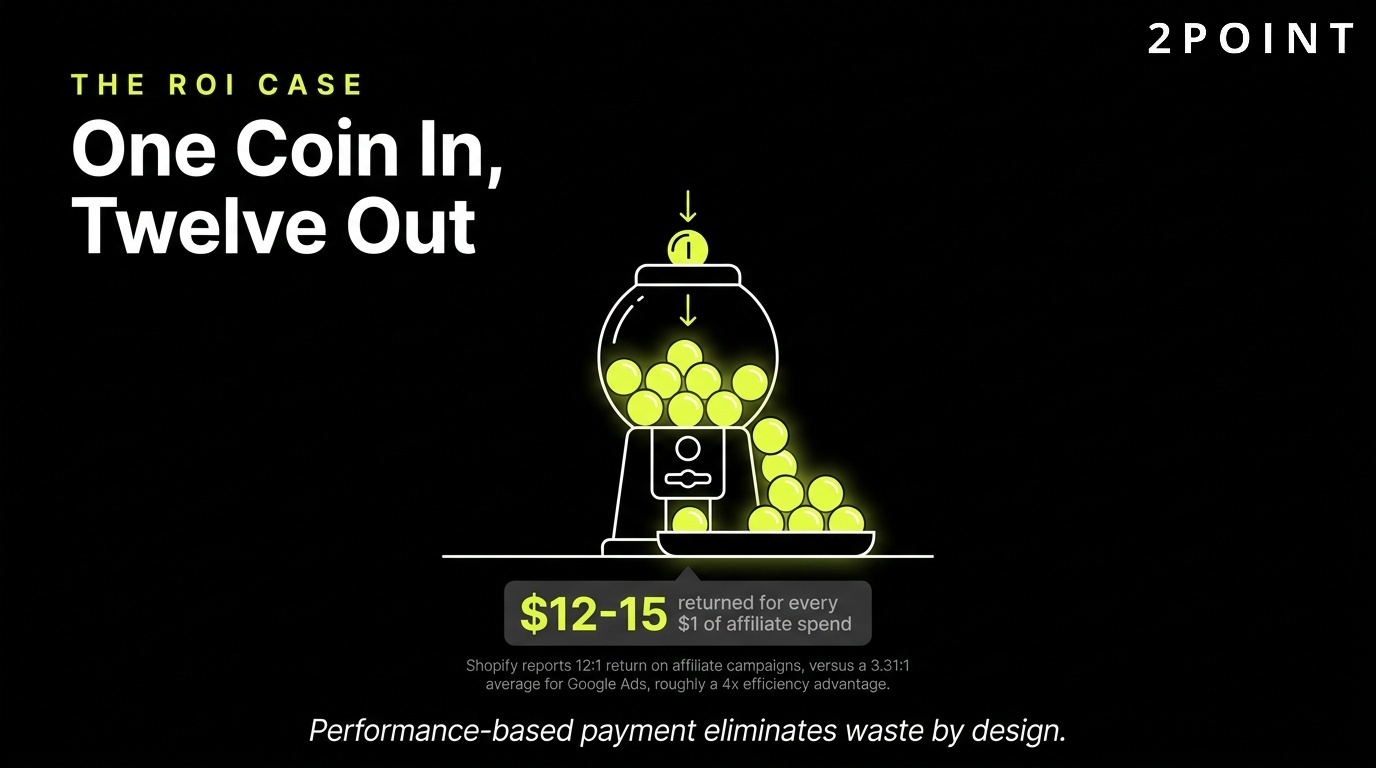 Affiliate marketing ROI illustrated: one coin in, twelve coins out.