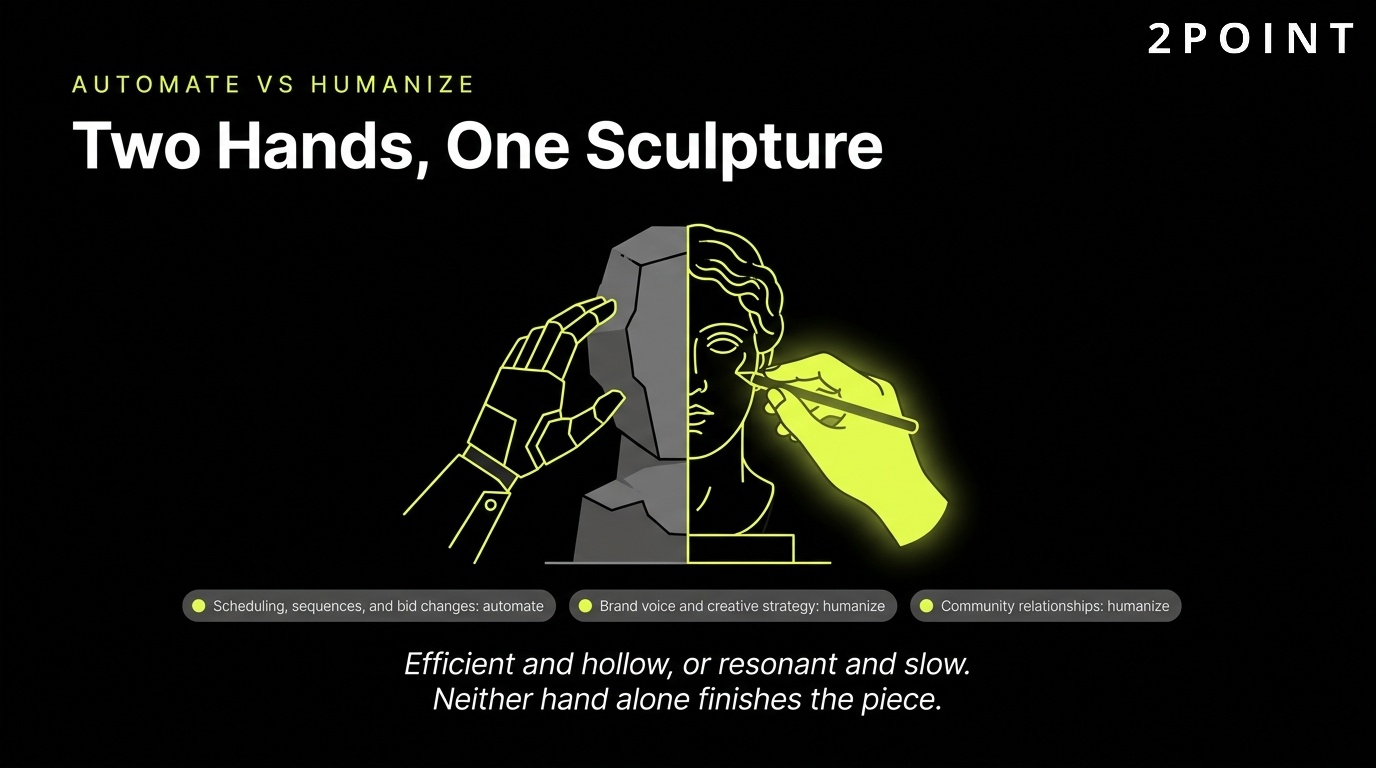 The human-AI balance in strategic planning: two hands, one sculpture, each shaping a different part of the strategy.