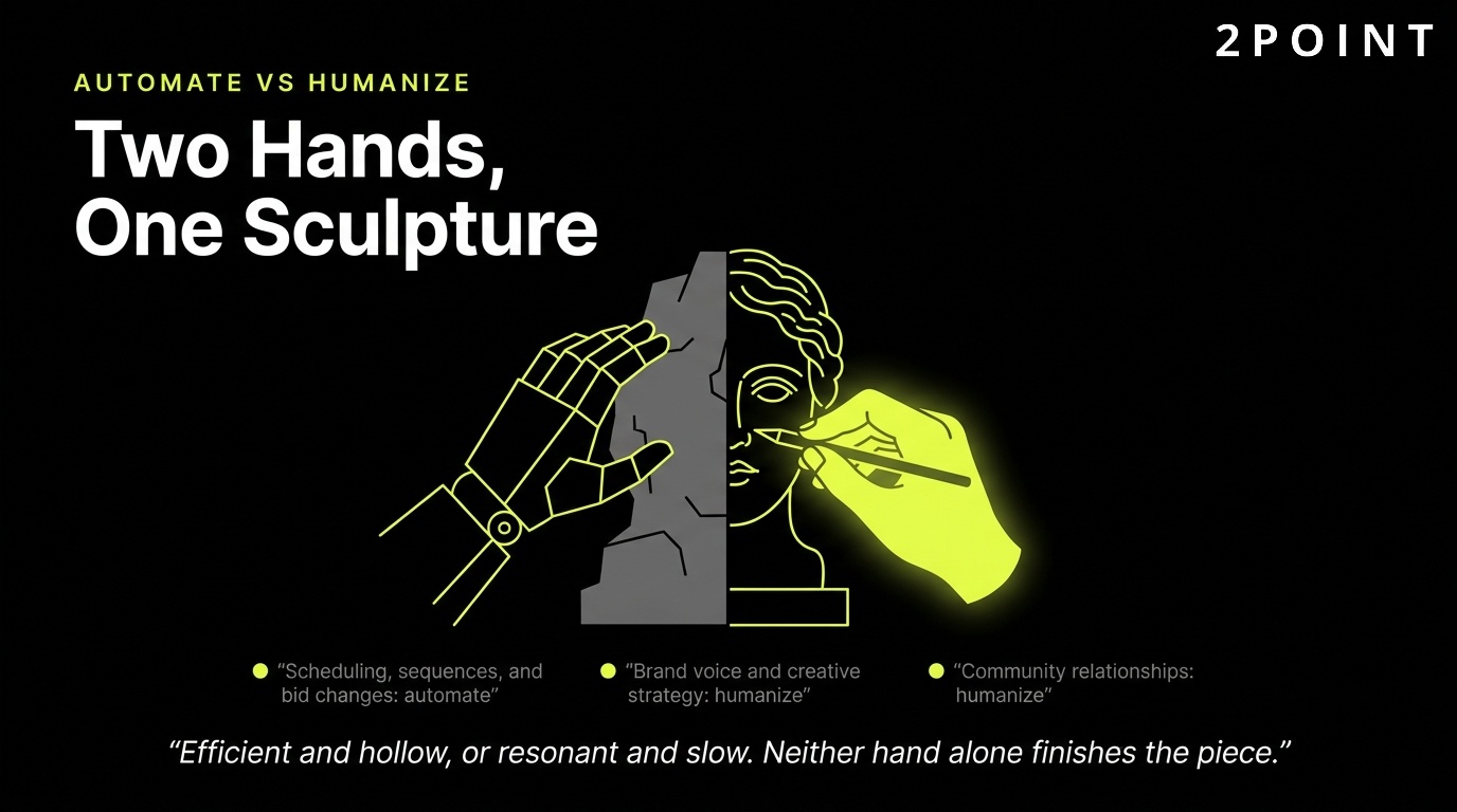 Automate versus humanize in marketing: two hands, one sculpture, each shaping a different part of the experience.