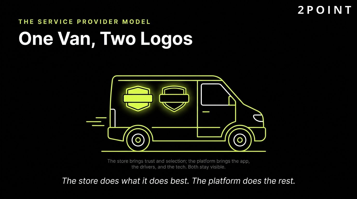 B2B2C service provider model: one delivery van, two logos, illustrated by Instacart and Uber Eats.