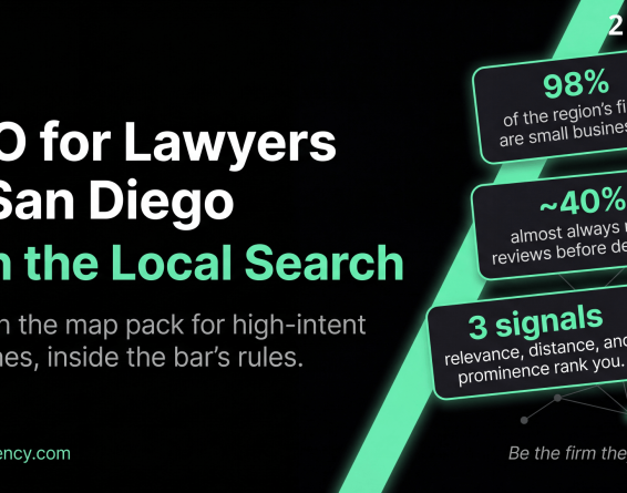 SEO for lawyers in San Diego hero: win the local search with 98 percent small firms in the market, 40 percent of clients reading reviews before deciding, and 3 ranking signals.