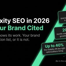Infographic on Perplexity SEO in 2026 and how to get your brand cited, with stats on queries handled, usage growth, and visibility lift