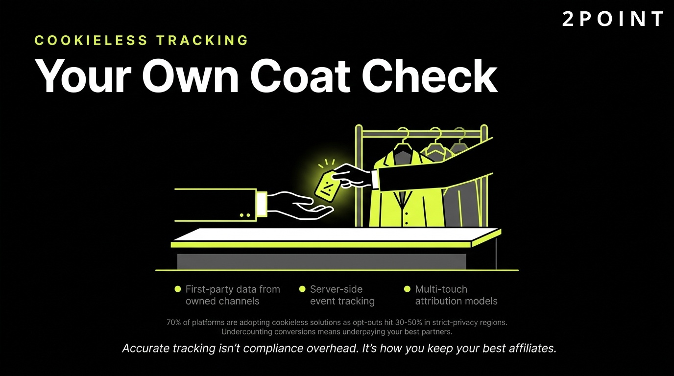 Cookieless affiliate tracking: run your own coat check with first-party attribution instead of relying on third-party cookies.