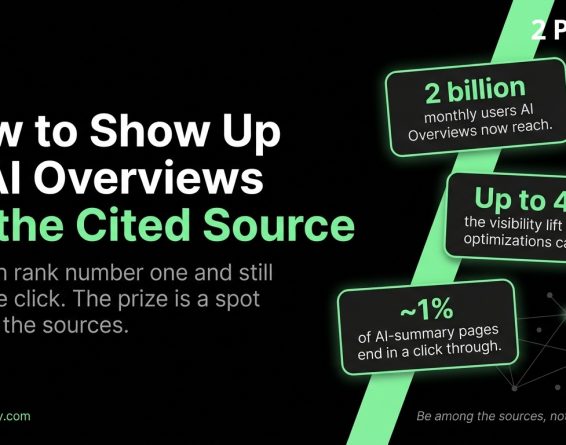 Infographic on how to show up in Google AI Overviews and be the cited source, with stats on reach, visibility lift, and click-through rates
