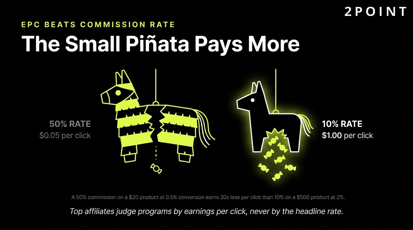 EPC beats headline commission rate in affiliate marketing: the smaller pinata often pays out more.