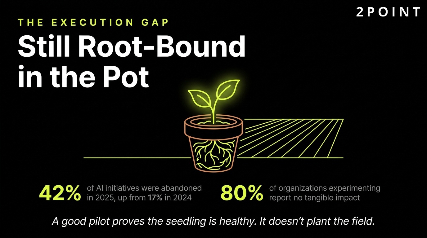The execution gap in AI marketing: a pilot program still root-bound in its original pot, never replanted into production.