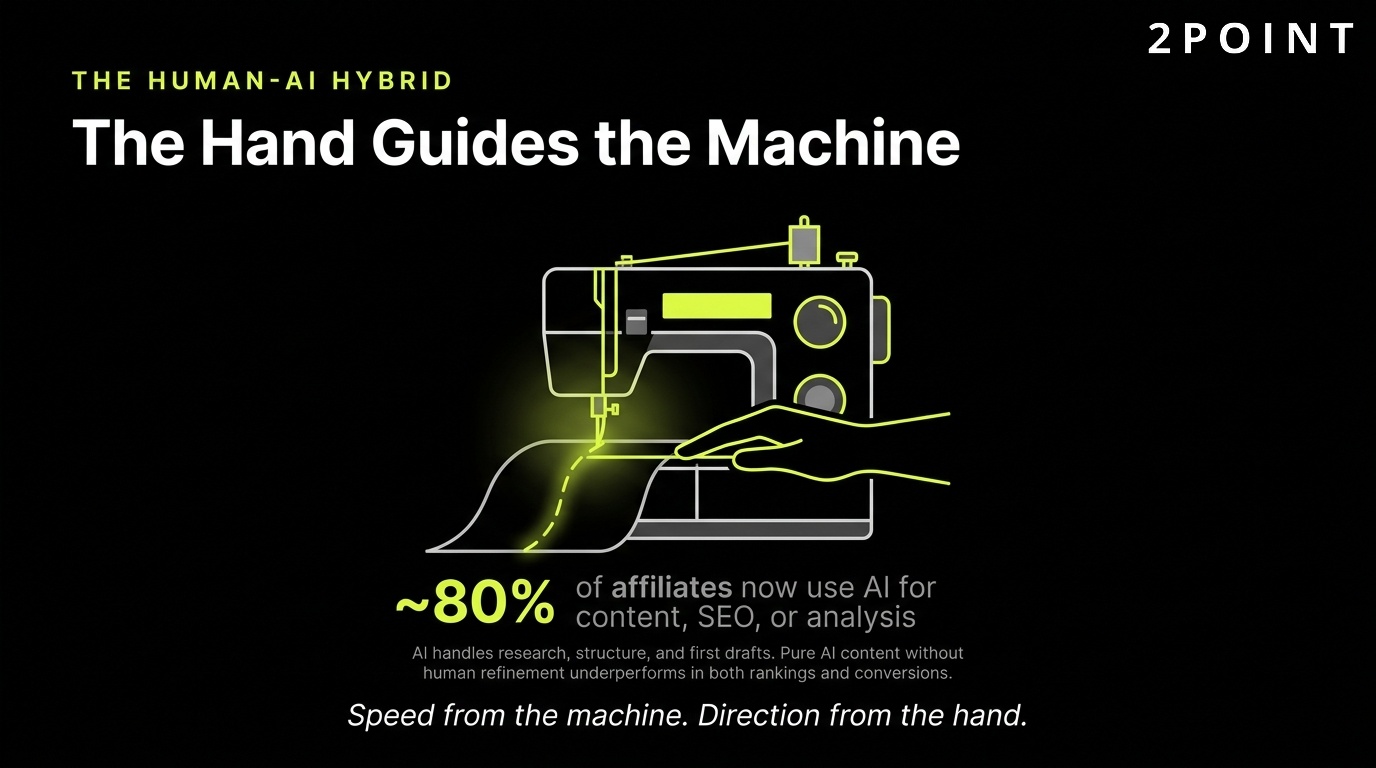 Human and AI hybrid in affiliate marketing: the operator's hand still guides the machine.