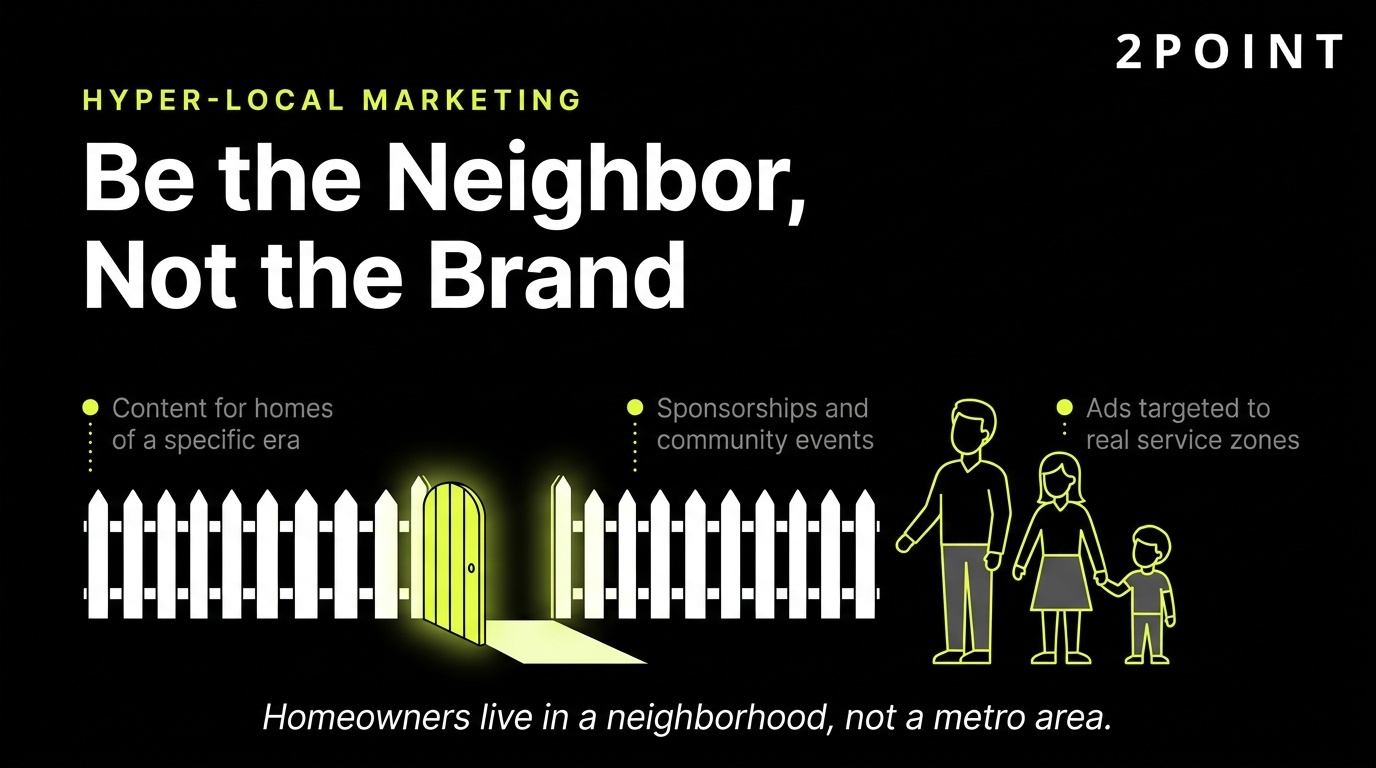 Hyper-local marketing for home services: be the neighbor, not the brand.