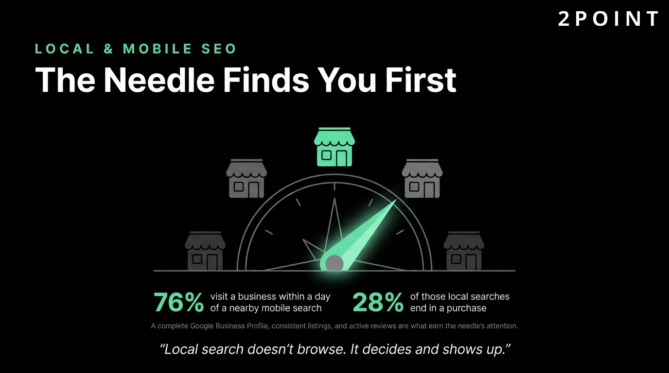 Local and mobile SEO: the compass needle finds the nearby searcher first.