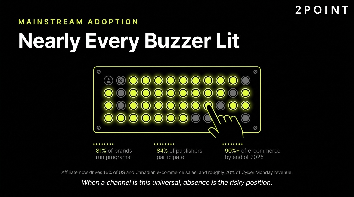 Mainstream affiliate marketing adoption: nearly every game show buzzer is lit across brands and publishers.
