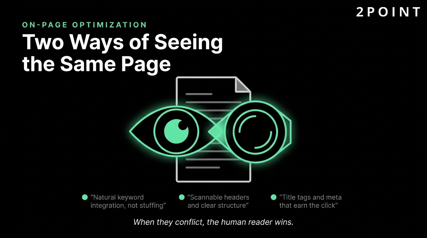 On-page optimization: two ways of seeing the same page, one for the human reader, one for the crawler.