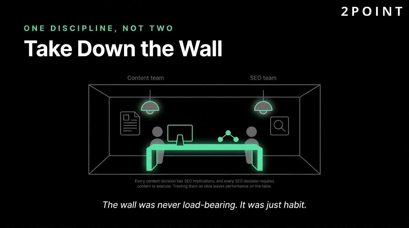 SEO and content marketing as one discipline, not two: take down the wall between the teams.