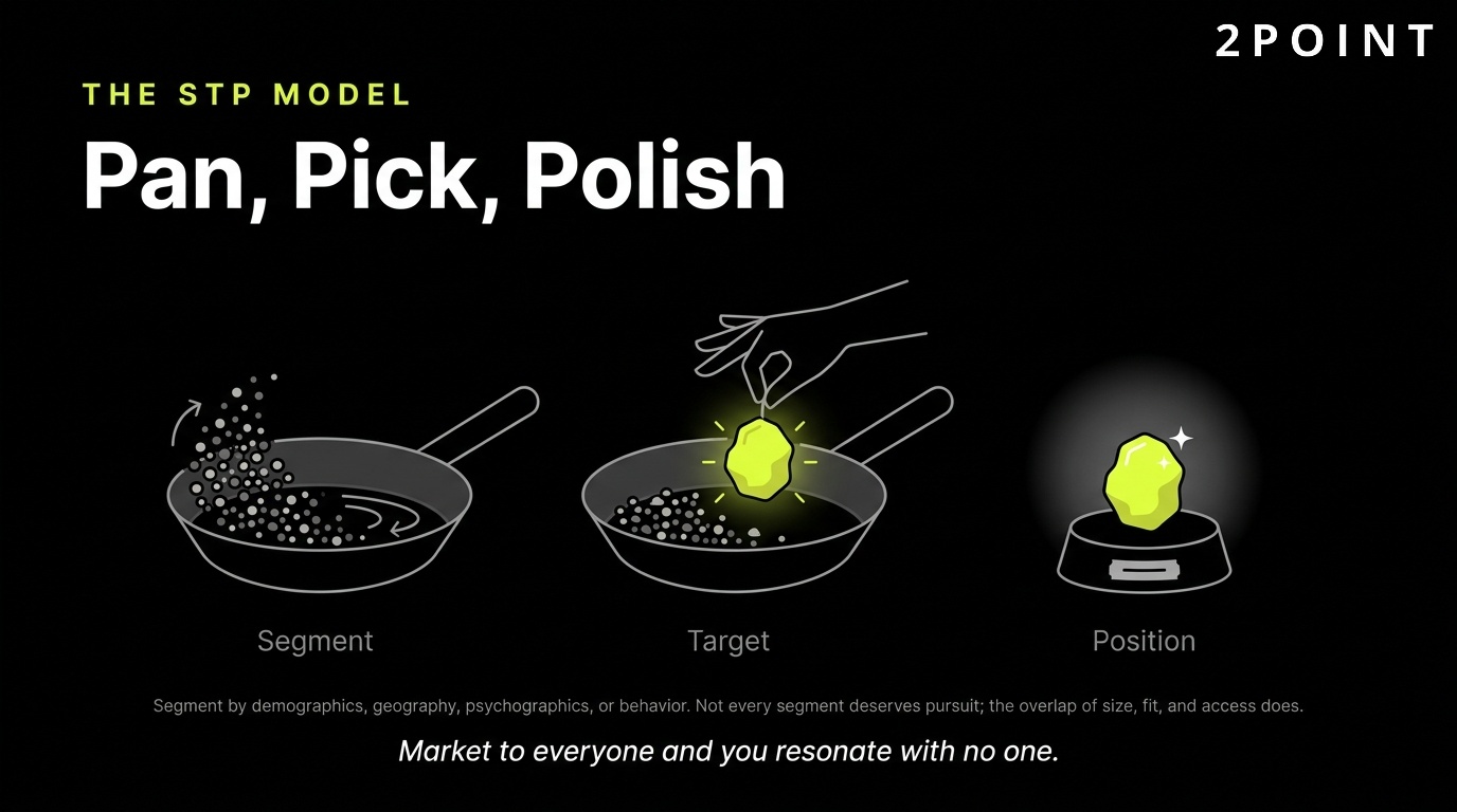 The STP marketing model: segment, target, position, illustrated as pan, pick, polish.