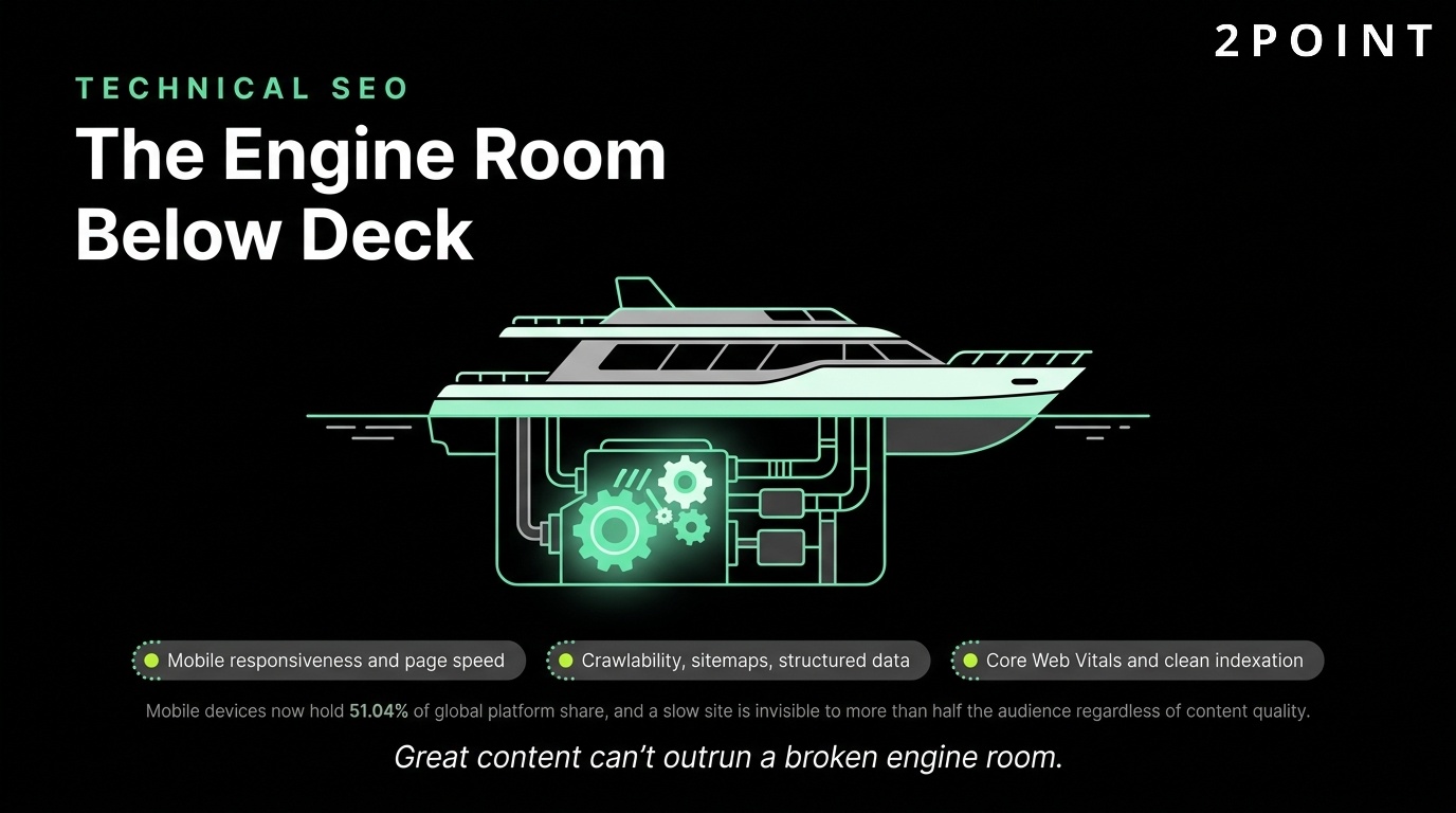 Technical SEO as the engine room below deck, unseen but powering everything above it.