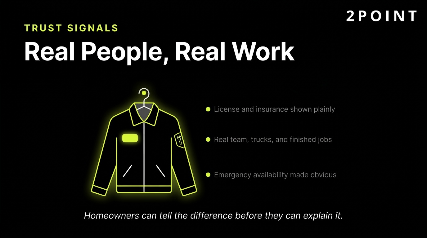 Trust signals for home service websites: real people, real work, real projects.