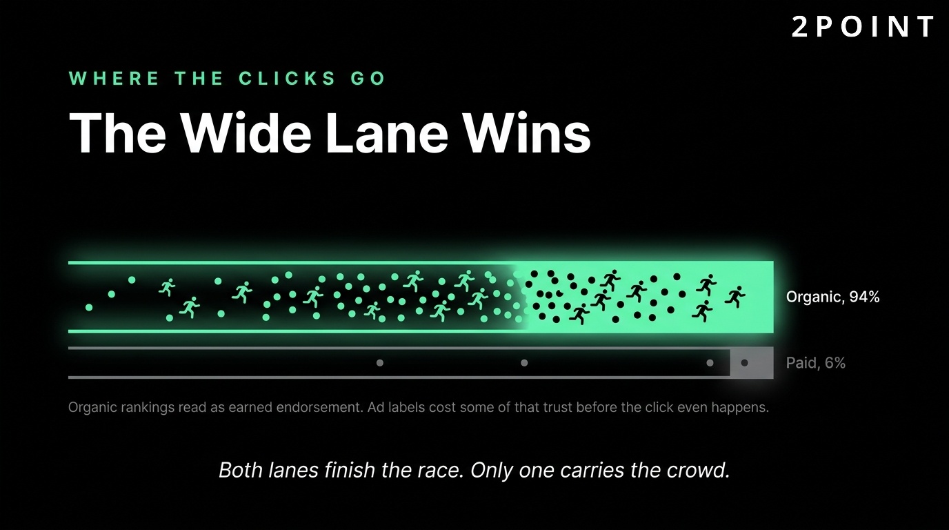 Where clicks go in search results: the wide, well-optimized lane wins the most traffic.
