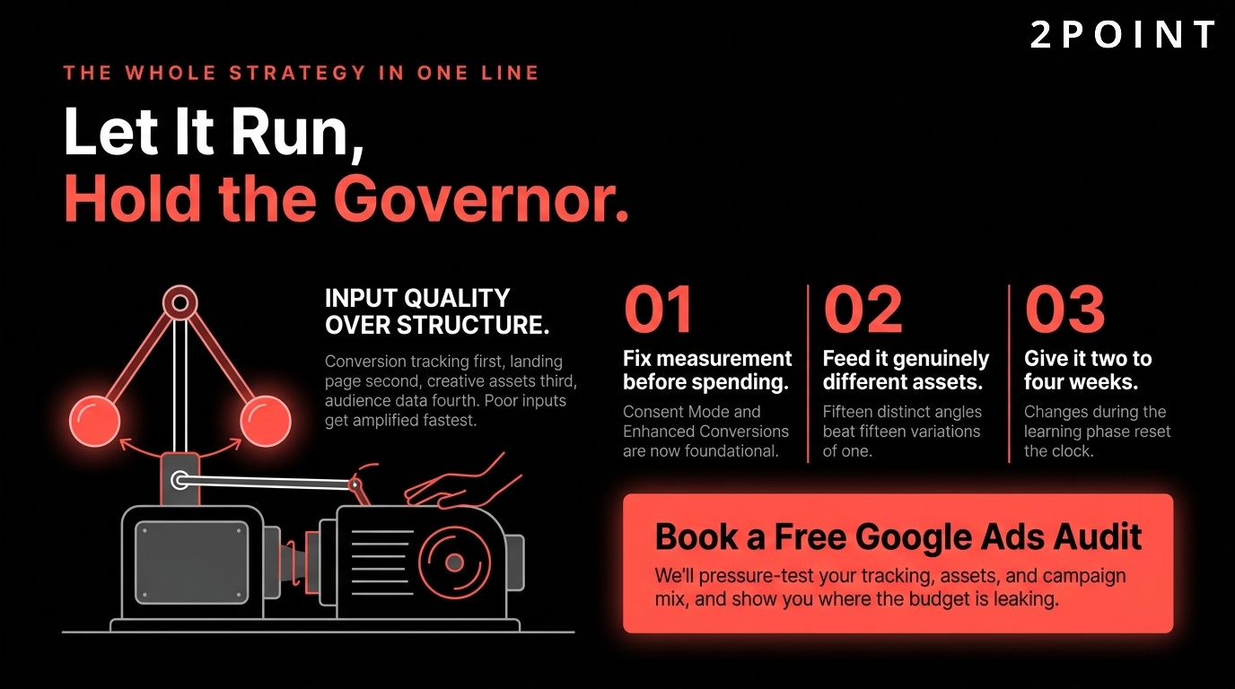 Google Ads strategy CTA: let the automation run, but hold the governor, with 2POINT managing the controls.