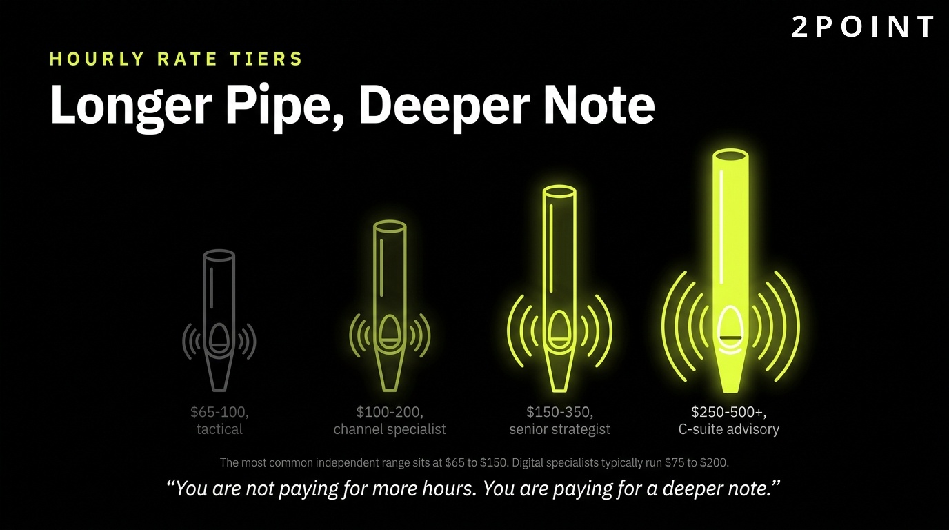 Marketing consultant hourly rate tiers: the longer pipe plays the deeper note, more experience commands a higher rate.