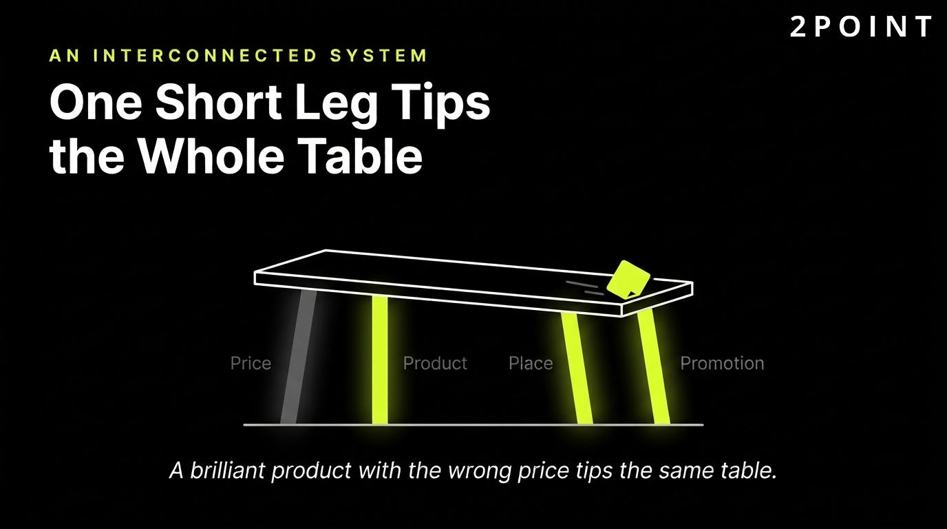 The interconnected marketing mix: one short leg tips the whole table over.