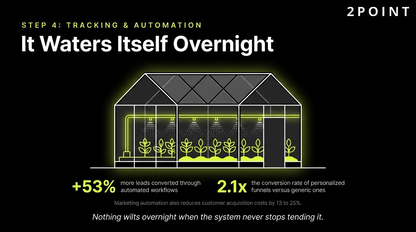 Step 4 of building a marketing funnel: it waters itself overnight once tracking and automation are in place.
