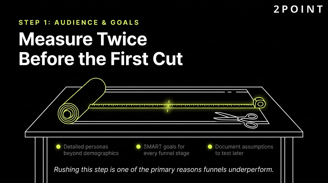 Step 1 of building a marketing funnel: measure twice before the first cut, defining audience and goals up front.