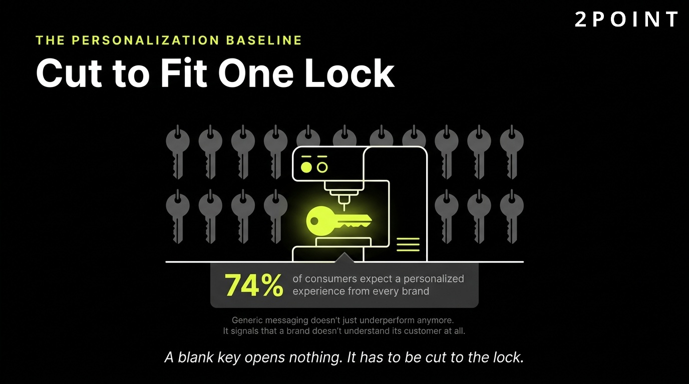 Personalization as the baseline: cut to fit one specific lock, not a generic master key.
