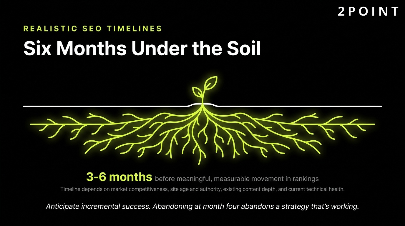Realistic law firm SEO timelines: roughly six months of growth happening under the soil before visible results.