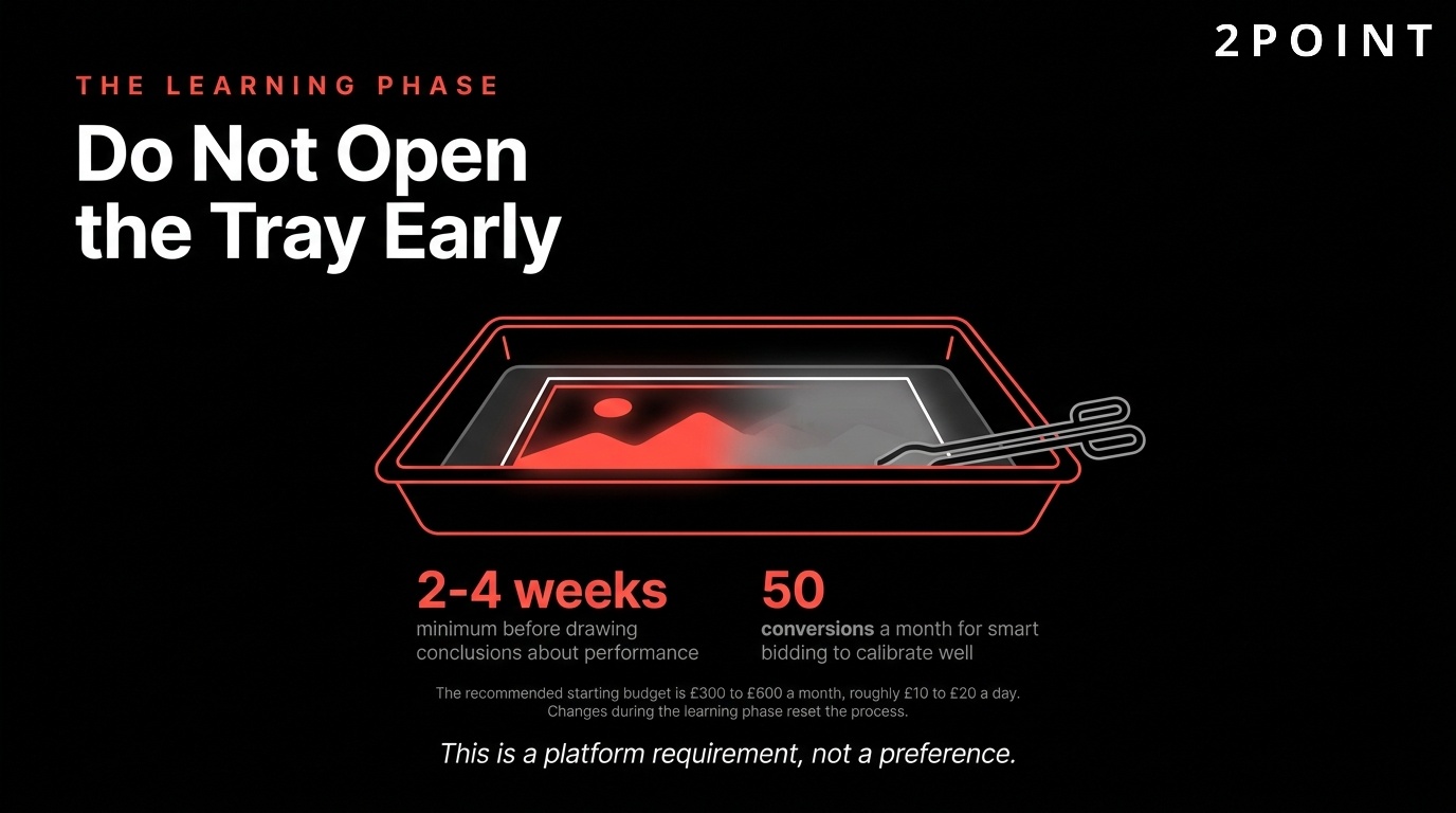 The Google Ads learning phase: do not open the tray early, let the algorithm finish developing before judging results.