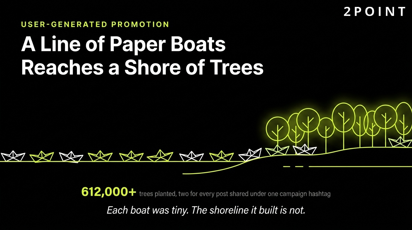 User-generated promotion: small paper boats reach a whole shore of trees, community carrying the message.