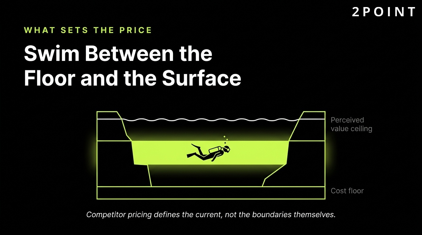 What sets the price: swim between the cost floor and the perceived-value surface.