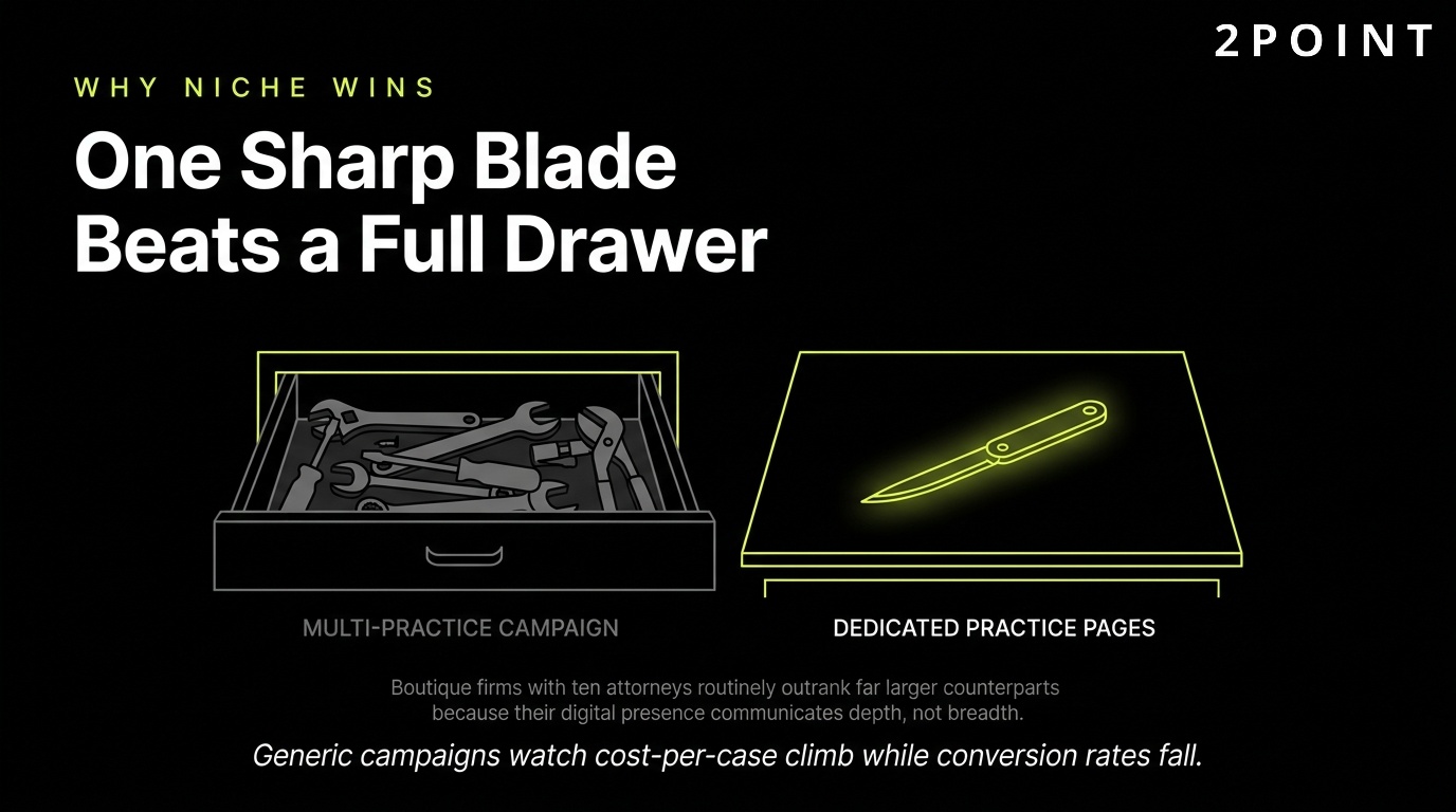 Why niche practice area content wins: one sharp blade beats a full drawer of dull ones.