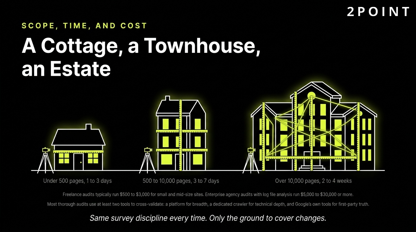 SEO audit scope, time, and cost: a cottage, a townhouse, and an estate each take a different survey.