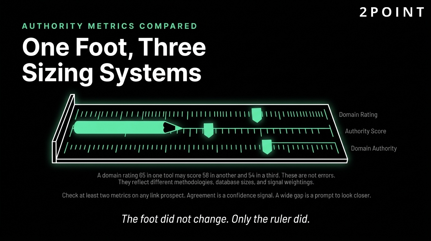 Authority metrics compared: one foot measured under three different sizing systems, DR, DA, and Authority Score.