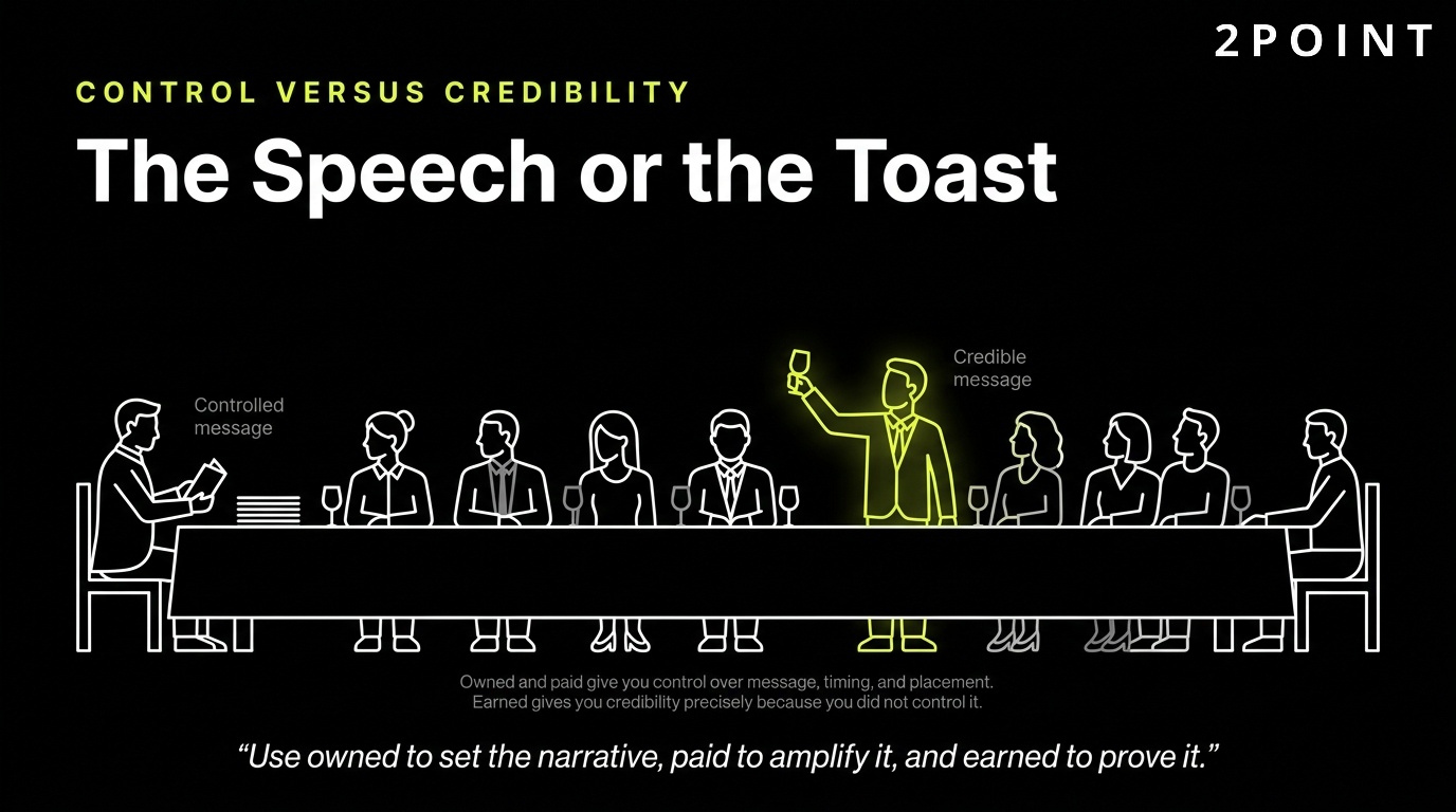 Control versus credibility in media: your own speech, or someone else's toast about you.